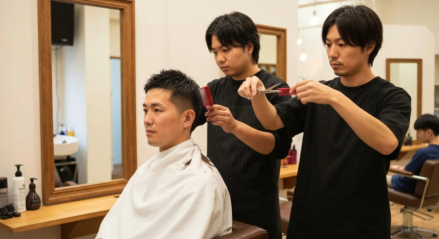 美容師が男性のお客様のサイドを整えながらメンズカットを仕上げている様子