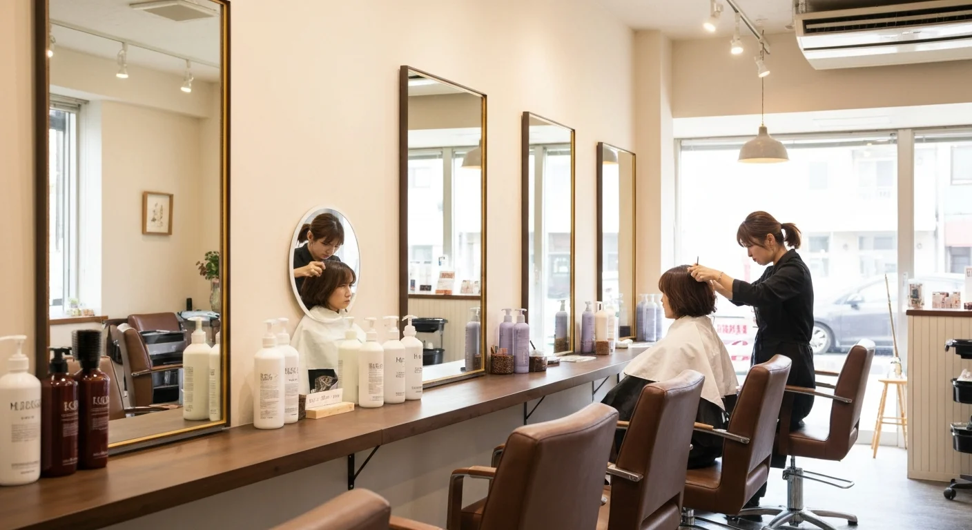 ヘアケア用品とブラシが整然と並ぶ美容室のカウンター