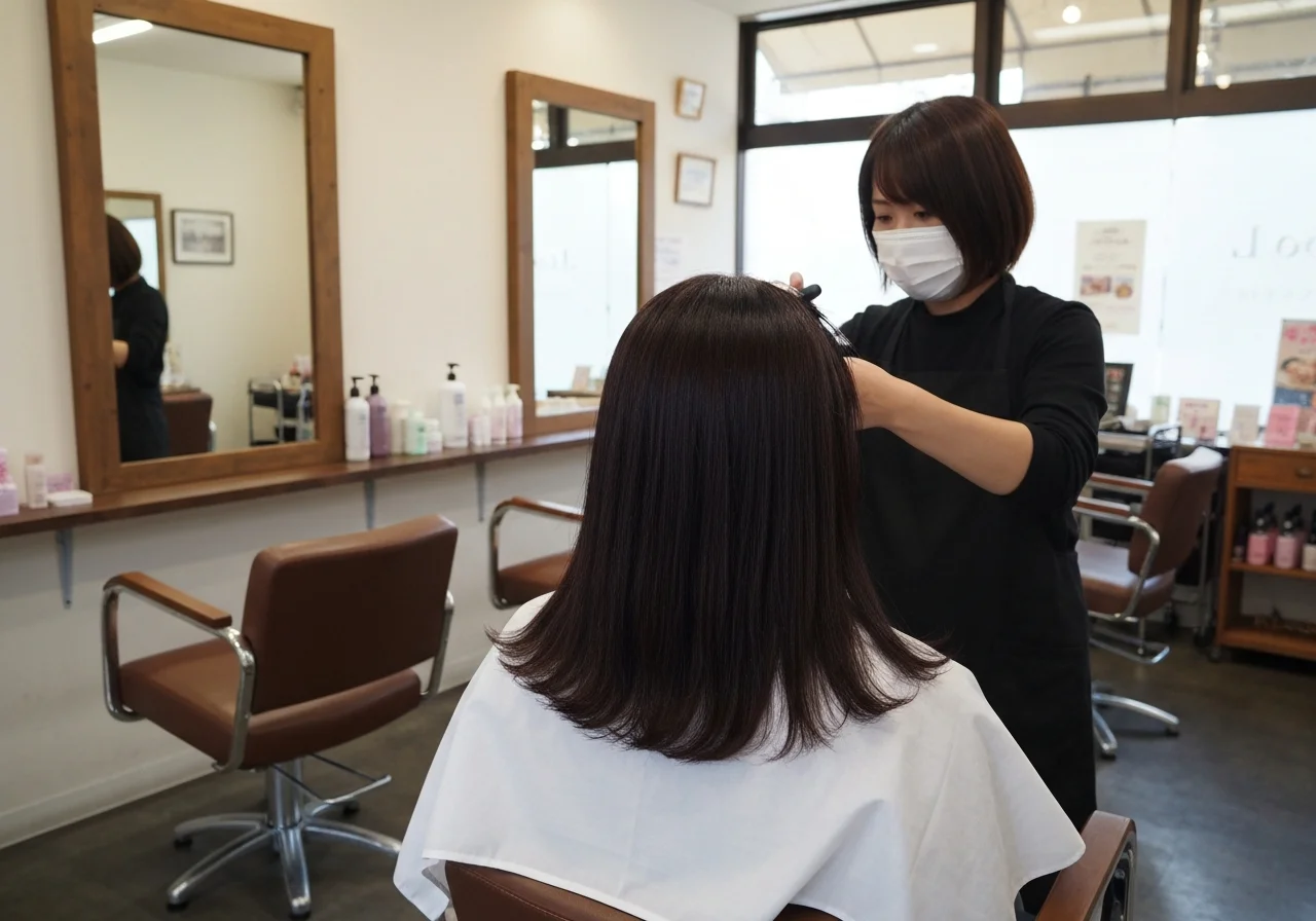 根元から毛先まで均一な深みのあるダークブラウンの髪